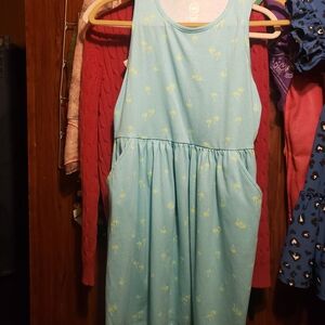 Kids Sleeveless Bluish Green Dress And Palm Trees Print